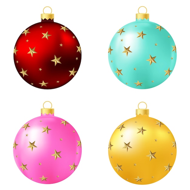 Conjunto de juguete o pelota de árbol de Navidad rojo turquesa rosa y amarillo