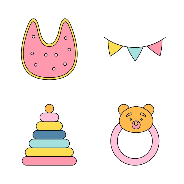 Conjunto de juguetes y accesorios para bebés vector plano