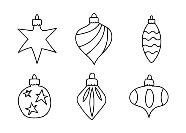 Conjunto de juguetes de árbol de Navidad de vector dibujado a mano en estilo doodle sobre fondo blanco