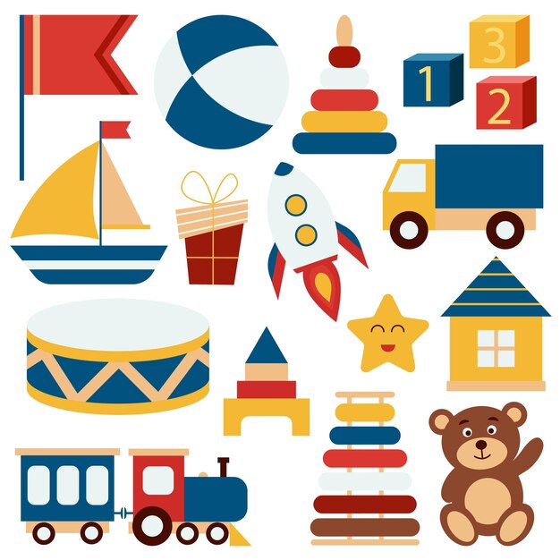 Conjunto de juguetes de madera para niños Juguetes para bebés lindos y simples Oso de peluche barco tambor coche de construcción de locomotora