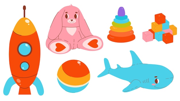 Conjunto de juguetes para niños Ilustración en color vectorial Kit de juguetes Conejo de peluche Pirámide de tiburón de pluche