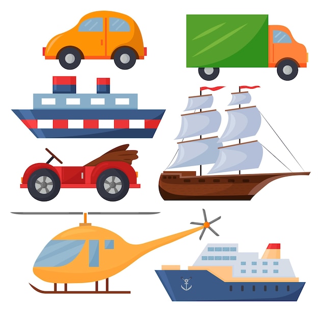 Un conjunto de juguetes vectoriales para niños, coches, barcos y un helicóptero.