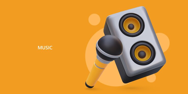 Vector conjunto para karaoke micrófono y altavoz realistas concepto musical sobre un fondo amarillo brillante