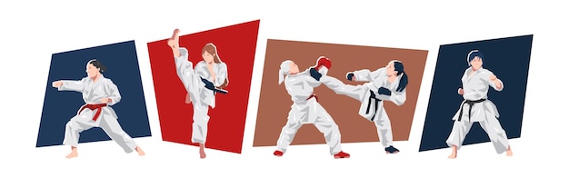 Conjunto de karateka femenino en acción postura dinámica Arte marcial de karate deportivo Arte vectorial plano de dibujos animados
