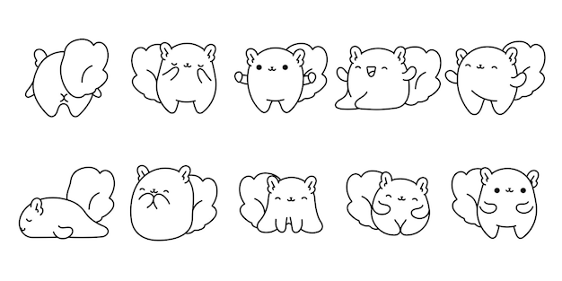 Conjunto de Kawaii aislado ardilla página de colorear Colección de lindo Vector dibujos animados Contorno de animales