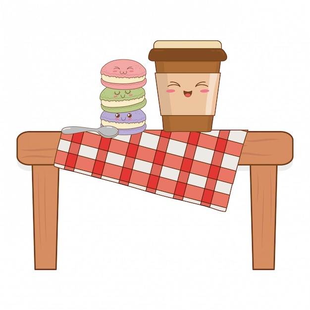 Conjunto de kawaii de comida de panadería en mesa de picnic