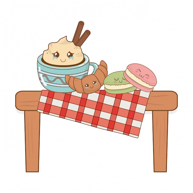 Conjunto de kawaii de comida de panadería en mesa de picnic