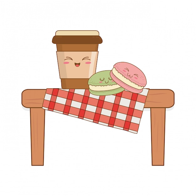 Conjunto de kawaii de comida de panadería en mesa de picnic