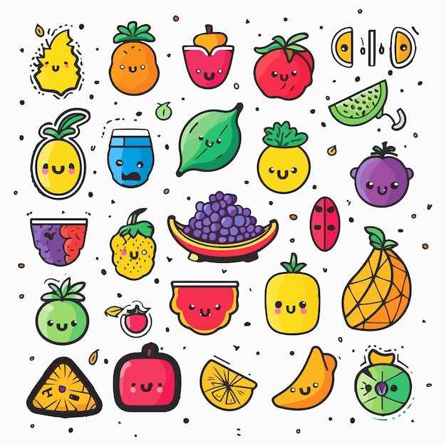 Conjunto, de, kawaii, fruta, garabato, vector