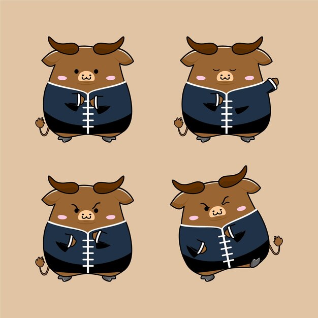 Conjunto de kawaii lindo bufallo en ilustración de traje de wushu Vector Premium