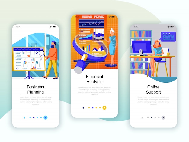 Conjunto de kit de interfaz de usuario de pantallas onboarding.