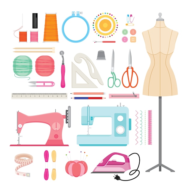 Vector conjunto de kits de costura, herramientas de costura y accesorios