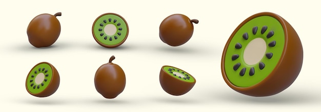 Conjunto de kiwis maduros en 3D Frutas enteras y medias Ilustraciones volumétricas en color desde diferentes lados