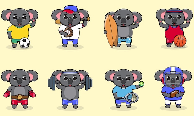 Vector conjunto de koala con uniforme y usando equipo deportivo