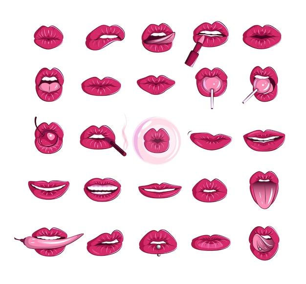 Vector conjunto de labios y boca de mujer pegatinas eróticas de labios hinchados