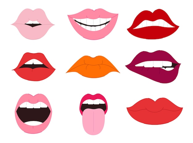 Vector un conjunto de labios con diferentes colores.