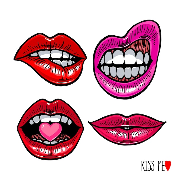 Conjunto de labios femeninos aislado sobre fondo blanco. Perfecto para invitaciones, tarjetas de felicitación, citas, blogs, carteles.