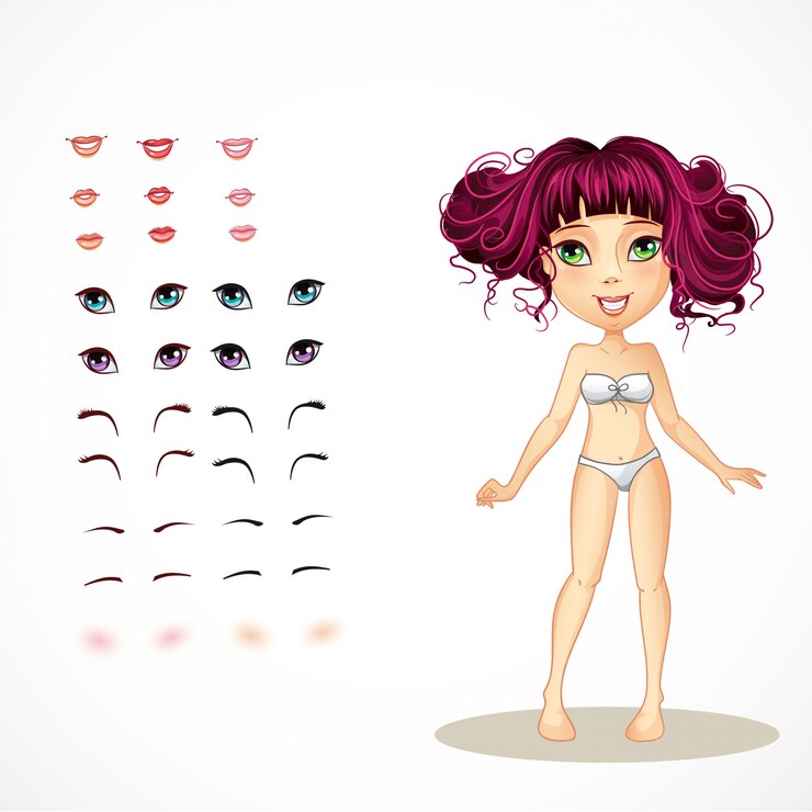 Vector conjunto de labios, ojos, cejas y pestañas para niñas