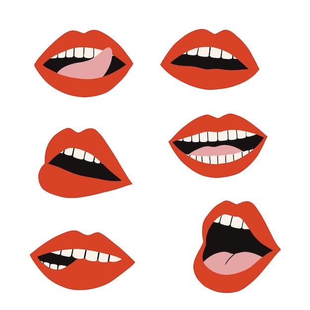 Vector conjunto de labios rojos con diferentes emociones boca con un beso sonrisa lengua y dientes maquillaje de labios sexy