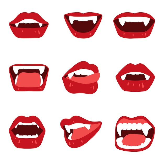 Conjunto de labios de vampiro femenino con colmillos de mordida aislados en blanco.ilustración de vector en estilo plano