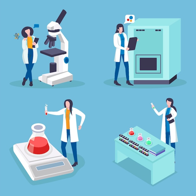 Conjunto de laboratorio con una mujer científica
