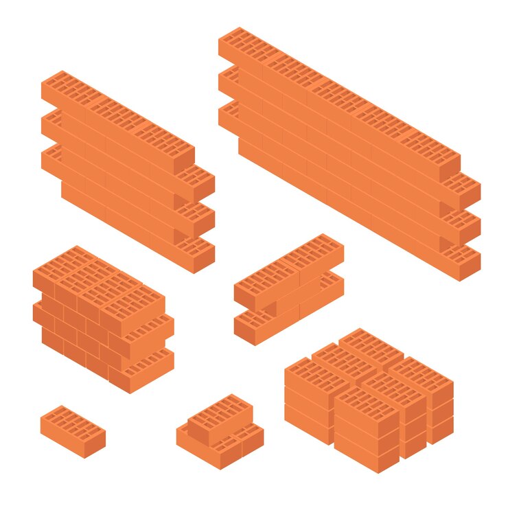 Vector conjunto de ladrillos y construcción de elementos de vista isométrica de pared de la casa para web y aplicaciones. ilustración vectorial