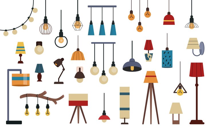 Vector conjunto de lámparas colección de candelabros sombra ligera interior de la casa elementos decorativos aislados diseño de iconos antiguos y modernos para el techo sala de linterna retro diferente bombilla vector plana ilustración ordenada
