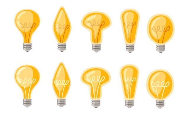 Conjunto de lámparas incandescentes de dibujos animados planos bombillas de luz amarilla retro ilustración vectorial
