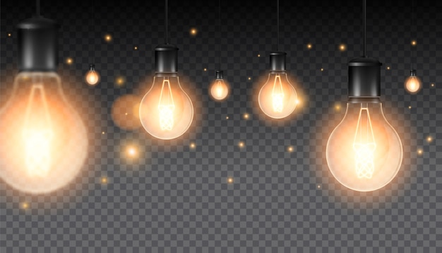 Conjunto de lámparas luminosas realistas, lámparas colgando de un cable. Lámpara incandescente. Aislado en una oscuridad a cuadros.