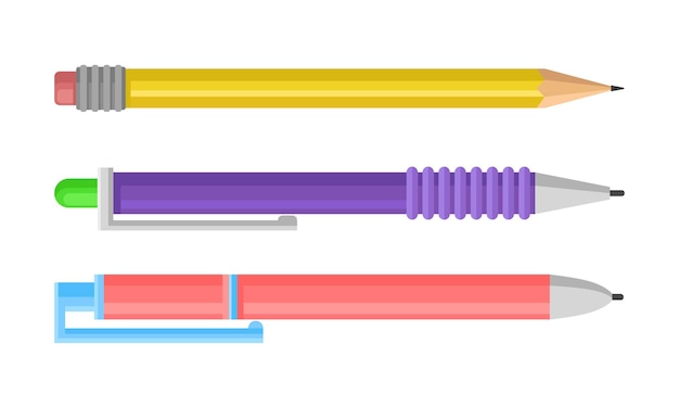 Conjunto de lápices afilados de varios tipos clásicos y automáticos con borrador Diferentes diseños y colores Ilustración vectorial aislada sobre fondo blanco