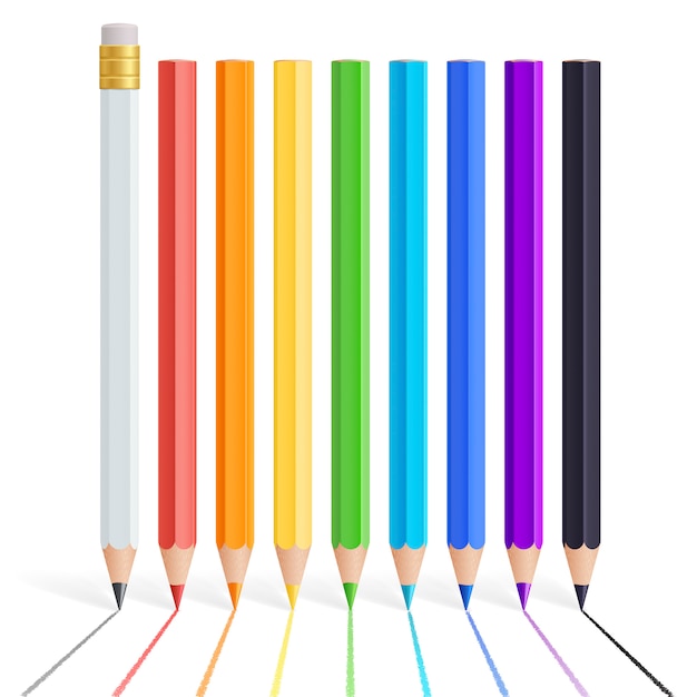 Conjunto de lápices de colores. Paleta de arcoiris. Los lápices verticales dibujan las líneas de color de perspectiva sobre un fondo blanco.