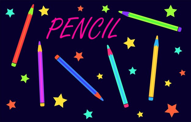 Conjunto de lápices de colores vectoriales dispuestos libremente sobre fondo negro