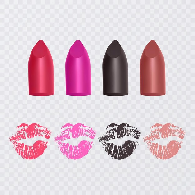 Conjunto de lápices labiales de color. Lápiz labial rojo, lápiz labial rosa, lápiz labial naranja. Conjunto de lápiz labial rojo aislado sobre fondo blanco, formato vectorial