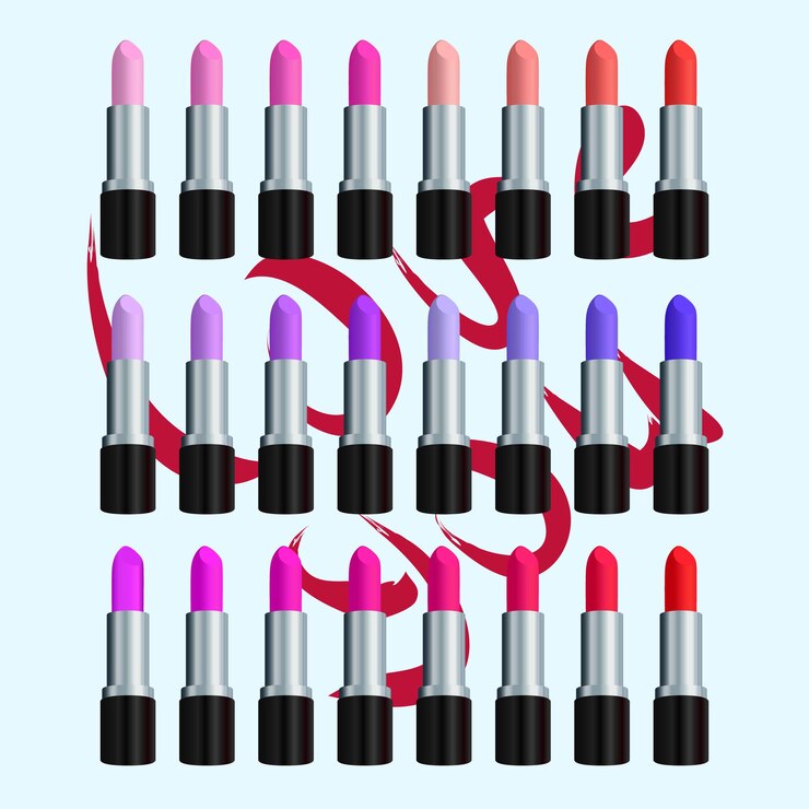 Vector conjunto de lápices labiales de color. lápiz labial rojo, rosa, naranja, vino, violeta. conjunto de lápiz labial rojo aislado sobre fondo azul. vector rgb. stock vector.