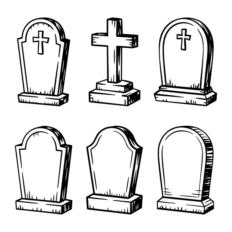 Conjunto de lápidas dibujadas a mano e ilustraciones vectoriales de arte de la línea de la tumba