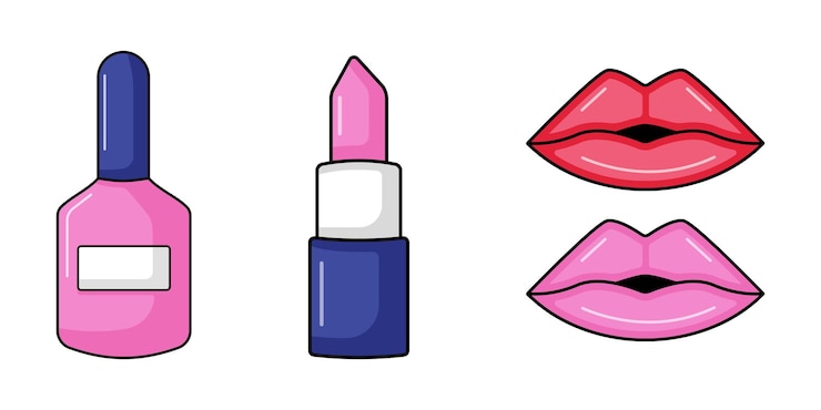 Vector conjunto de lápiz labial, esmalte de uñas y labios en estilo retro