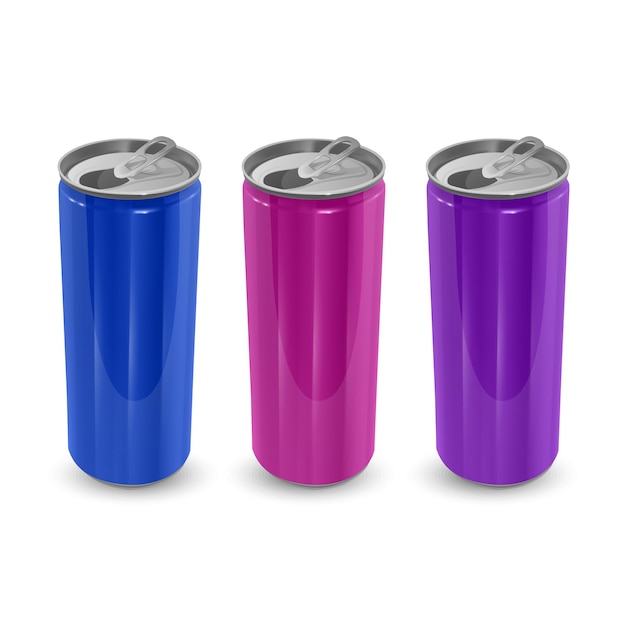 Conjunto de latas de aluminio de colores azul, rosa y morado, aislado