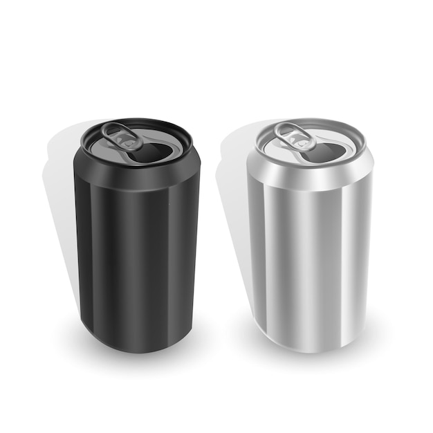 Conjunto de latas de aluminio de colores negro y plata, aislado sobre fondo blanco.