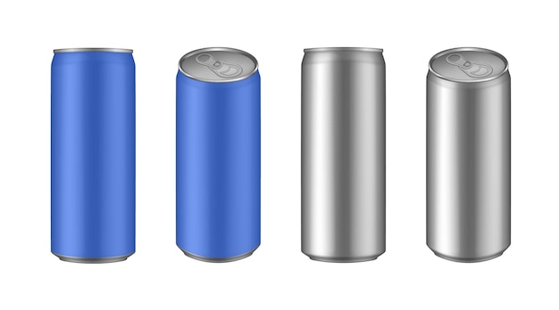 Vector conjunto de latas azules y plateadas de bebidas energéticas, jugo o refrescos, bebidas frías.