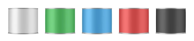 Conjunto de latas de estaño recipientes redondos de acero para pintura de esmalte etiquetas blancas verdes azules rojas y negras