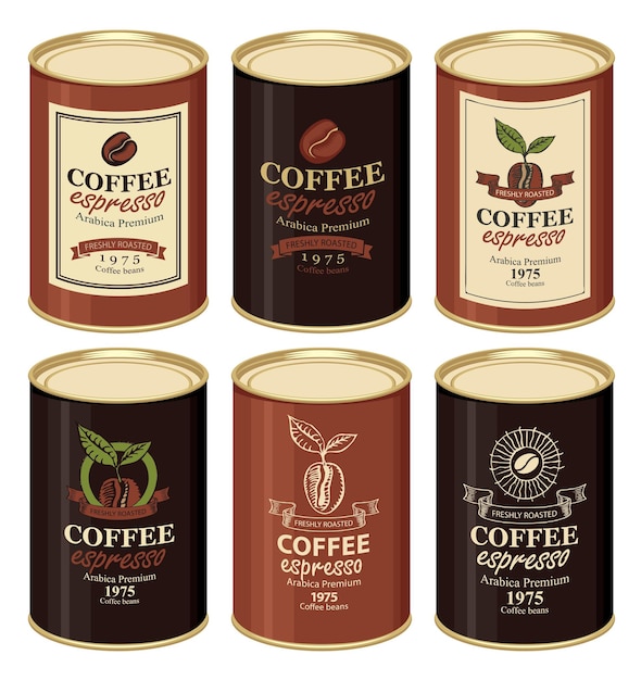 conjunto de latas etiquetadas para granos de café
