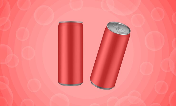 Vector conjunto de latas de lata rojas de jugo de bebida energética o refresco se puede ver desde arriba