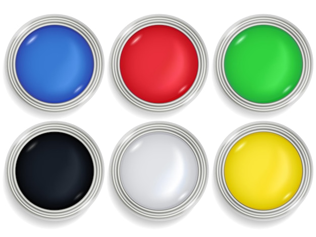 Conjunto de latas de pintura, contenedores de pintura, paleta interior de pintura colorida, vista superior de latas de pintura realistas