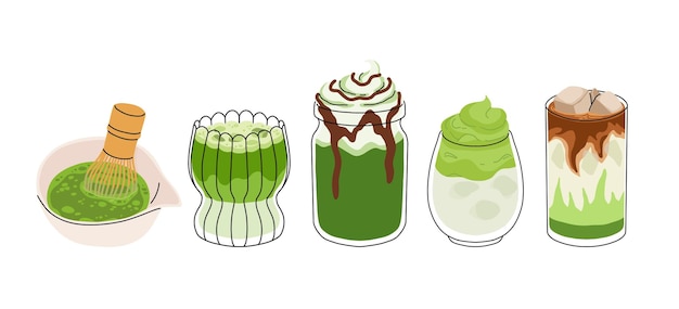 Conjunto de latte matcha de Japón Colección de bebidas matcha con arte de latte hoja de corazón oso gato matcha latte helado verde en varias tazas Ilustración vectorial íconos de dibujos animados planos