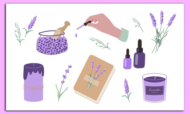 Conjunto de lavanda accesorios de aromaterapia con aceites esenciales libro de aceites esenciales velas de sal mano con pipeta y flores
