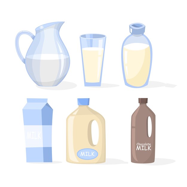 Vector conjunto de leche. recogida de productos lácteos en un vaso.