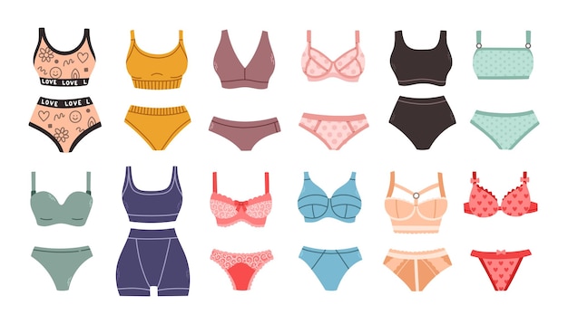 Conjunto de lencería. Ropa interior femenina de moda. Bragas, bikinis y sujetadores. Colección colorida dibujada a mano