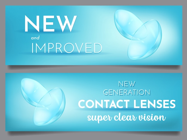 Vector conjunto de lentes de contacto publicitario con banner publicitario