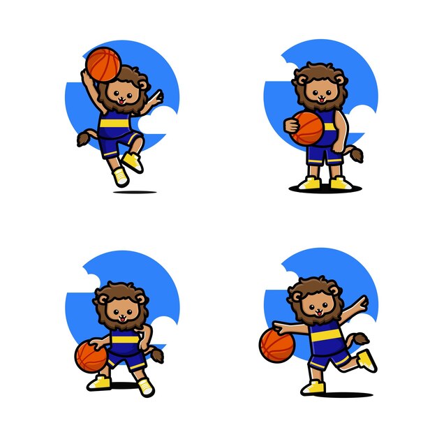 Conjunto de león lindo feliz jugando baloncesto