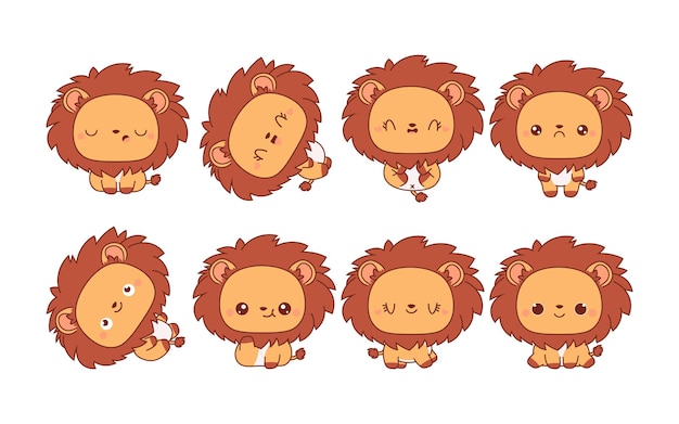 Conjunto de leones aislados de kawaii colección de ilustraciones vectoriales de animales de dibujos animados para pegatinas bebé
